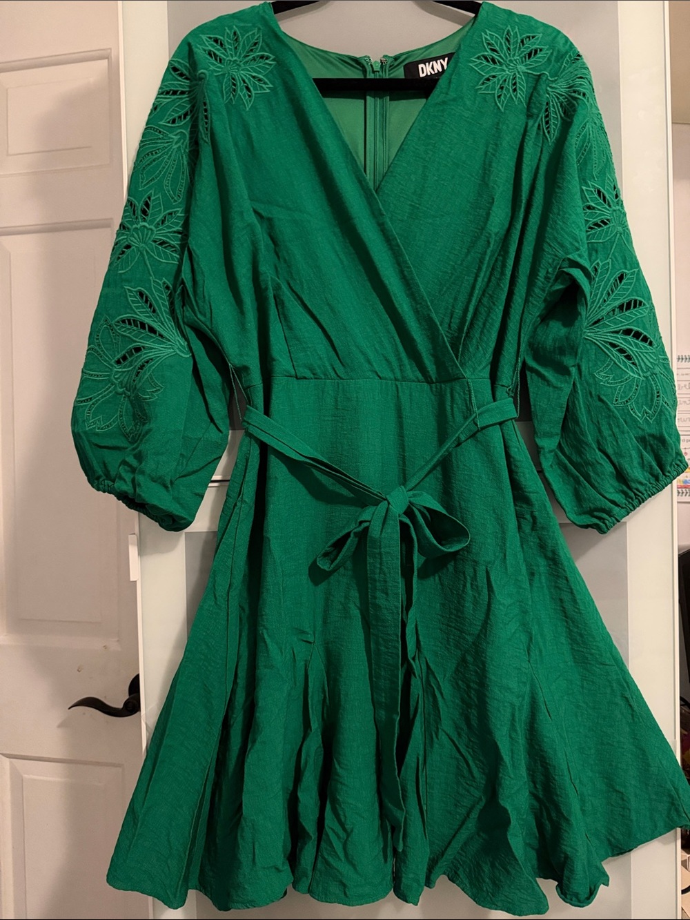 DKNY Green Faux-Wrap Mini Dress with Embroidered Bishop Sleeves